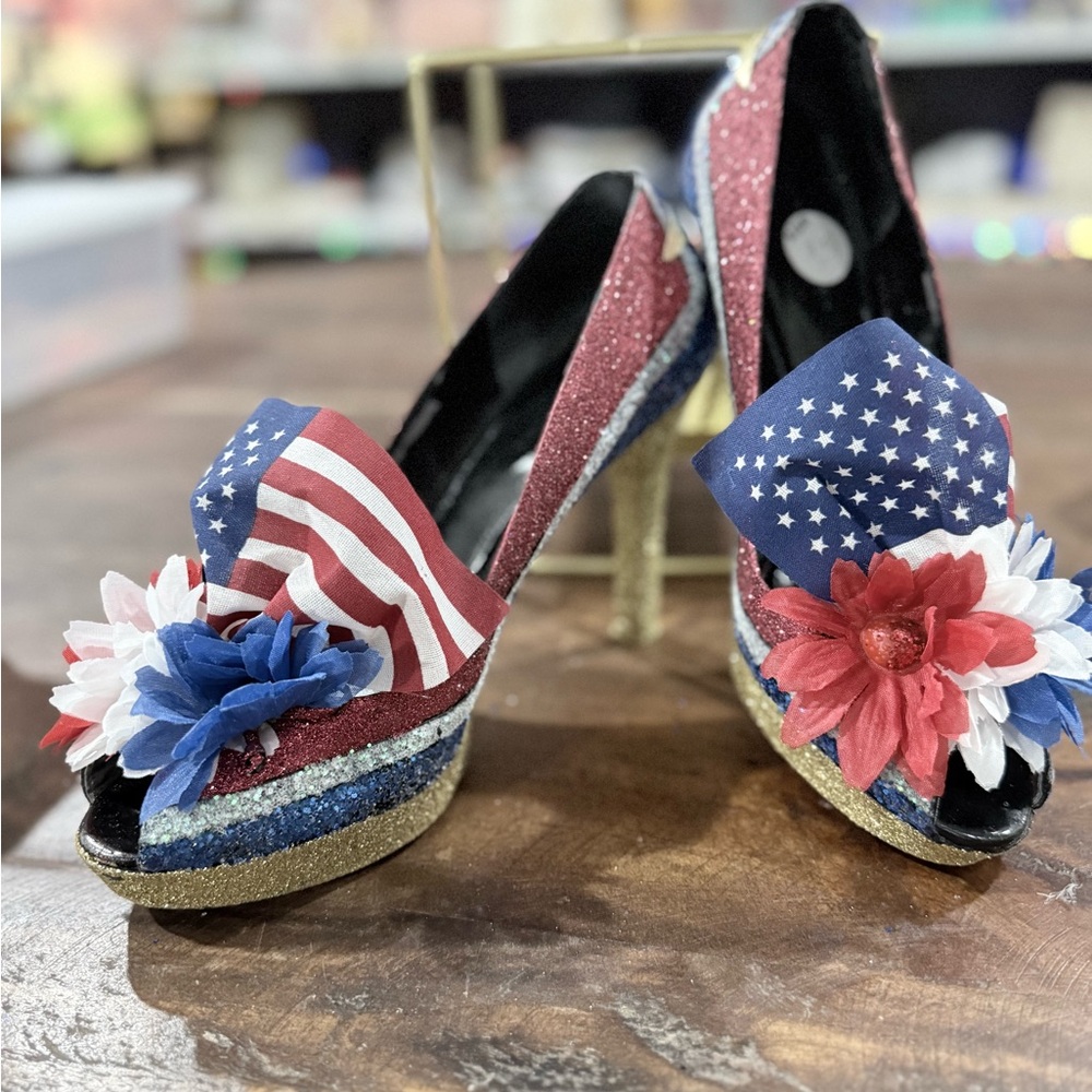 Red Glitter Peep-Toe Heels with Patriotic Bow and Floral Accent